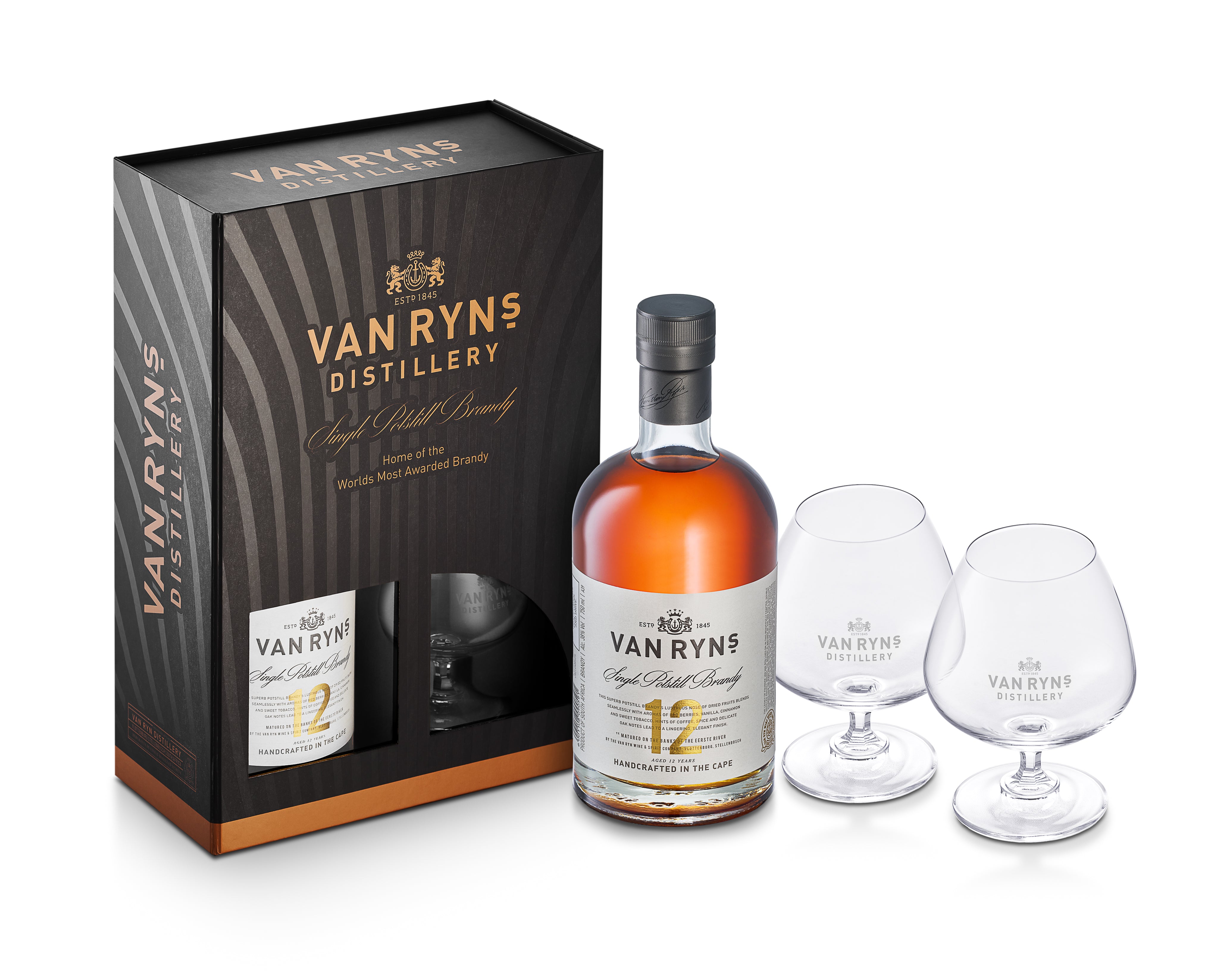 Van Ryn’s 12 Year Single Potstill Brandy and Glasses Gift Pack.