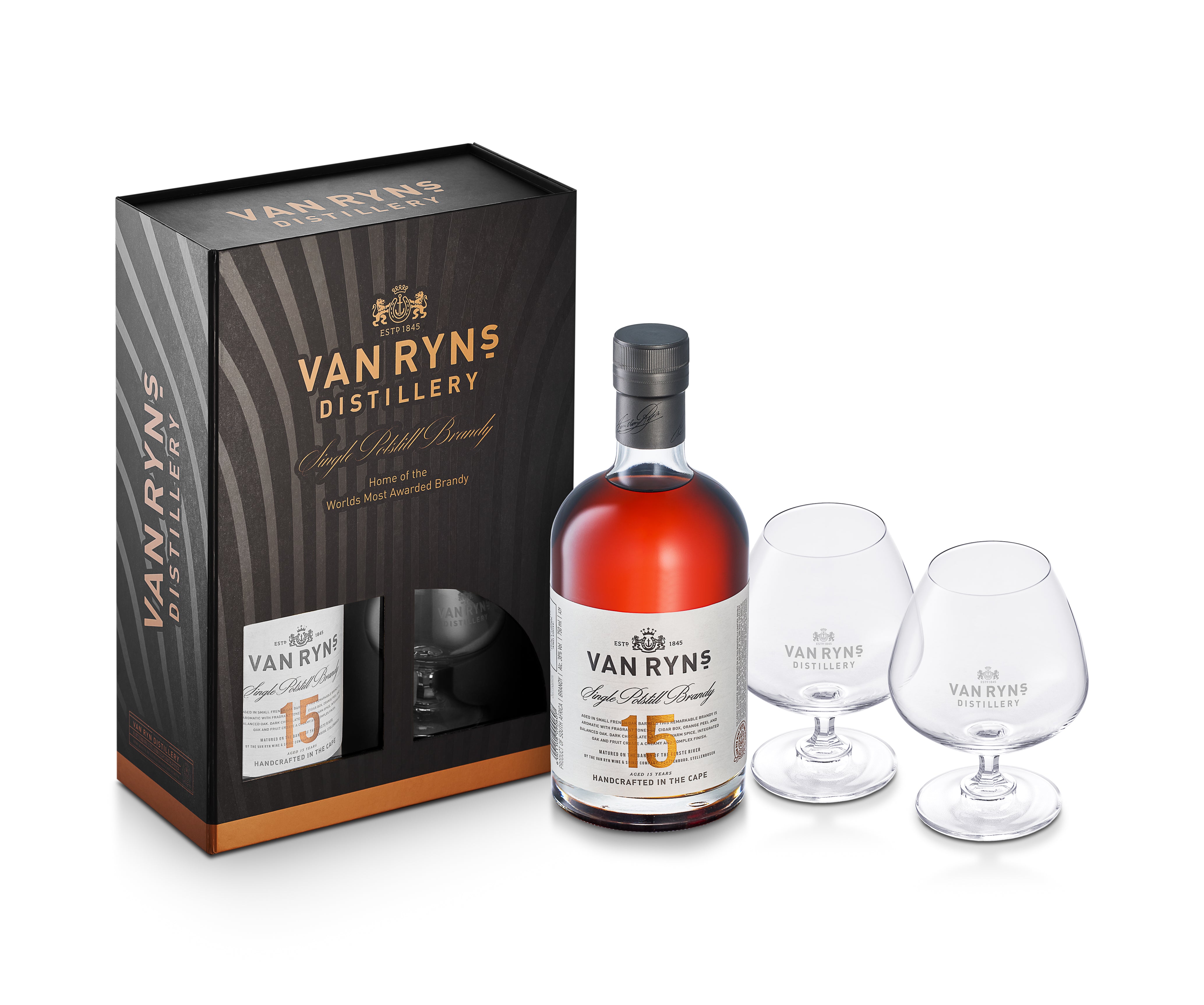 Van Ryn’s 15 Year Single Potstill Brandy and Glasses Gift Pack.