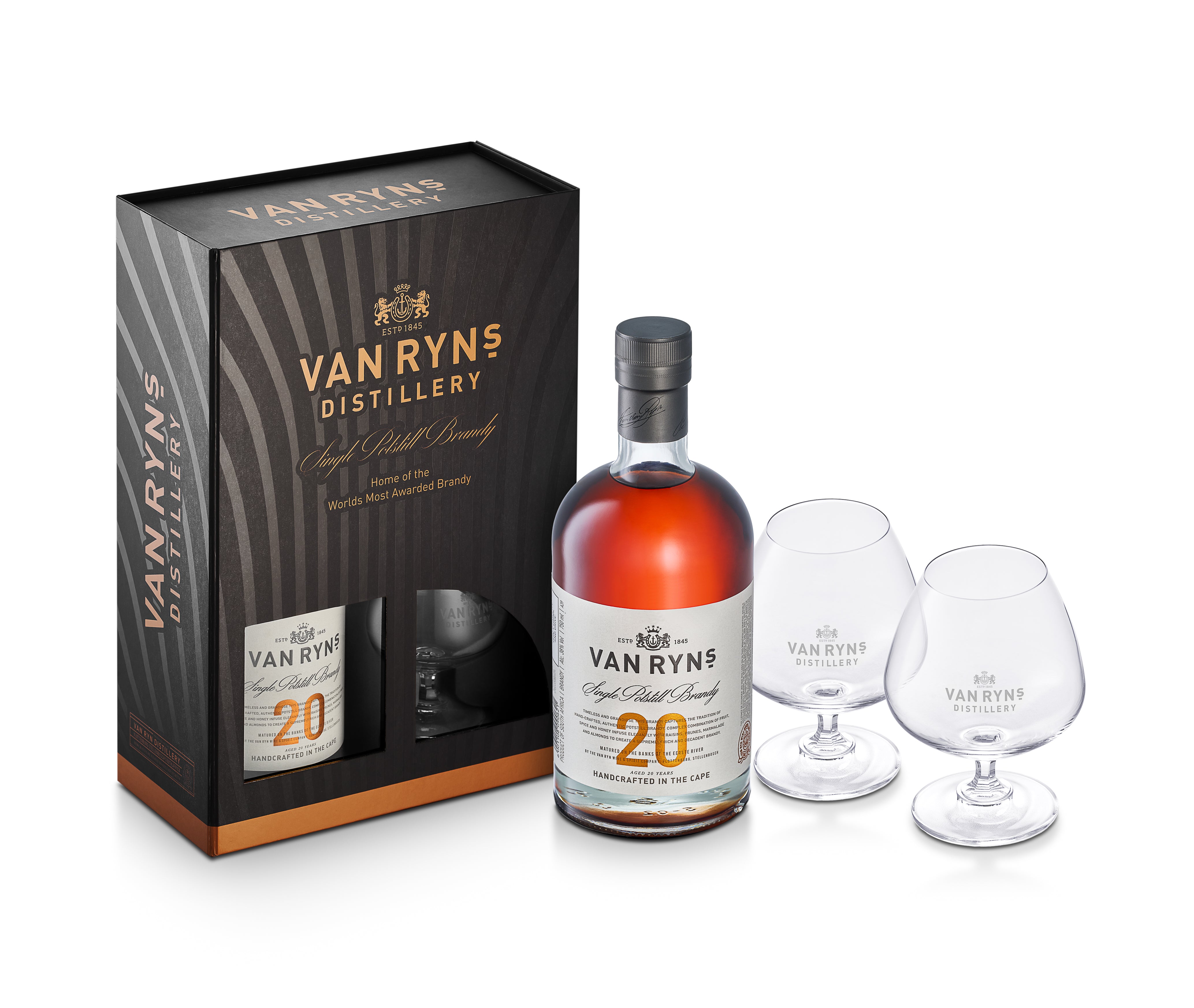 Van Ryn’s 20 Year Single Potstill Brandy and Glasses Gift Pack.